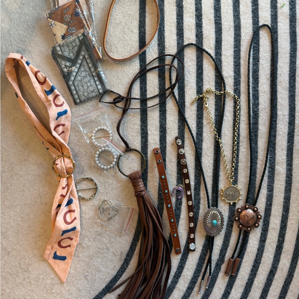 Cowgirl Accessories Bundle - Boho bolo - Turquoise gold scarfs bracelet